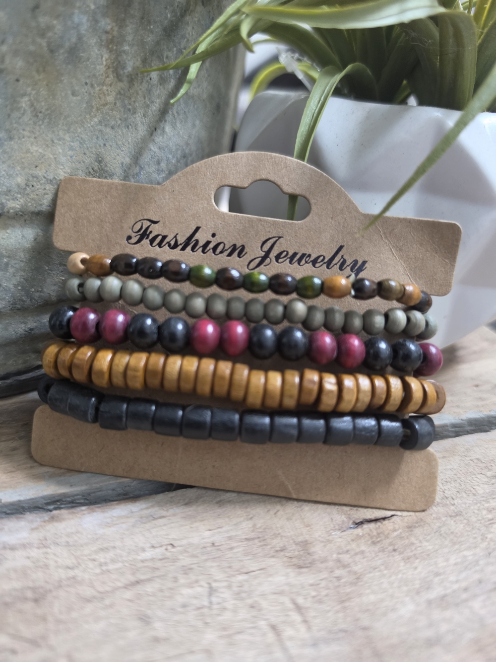 Boho Wood Bead Bracelet Set 5 Pc Multi Color Stackable Stretch Bracelets